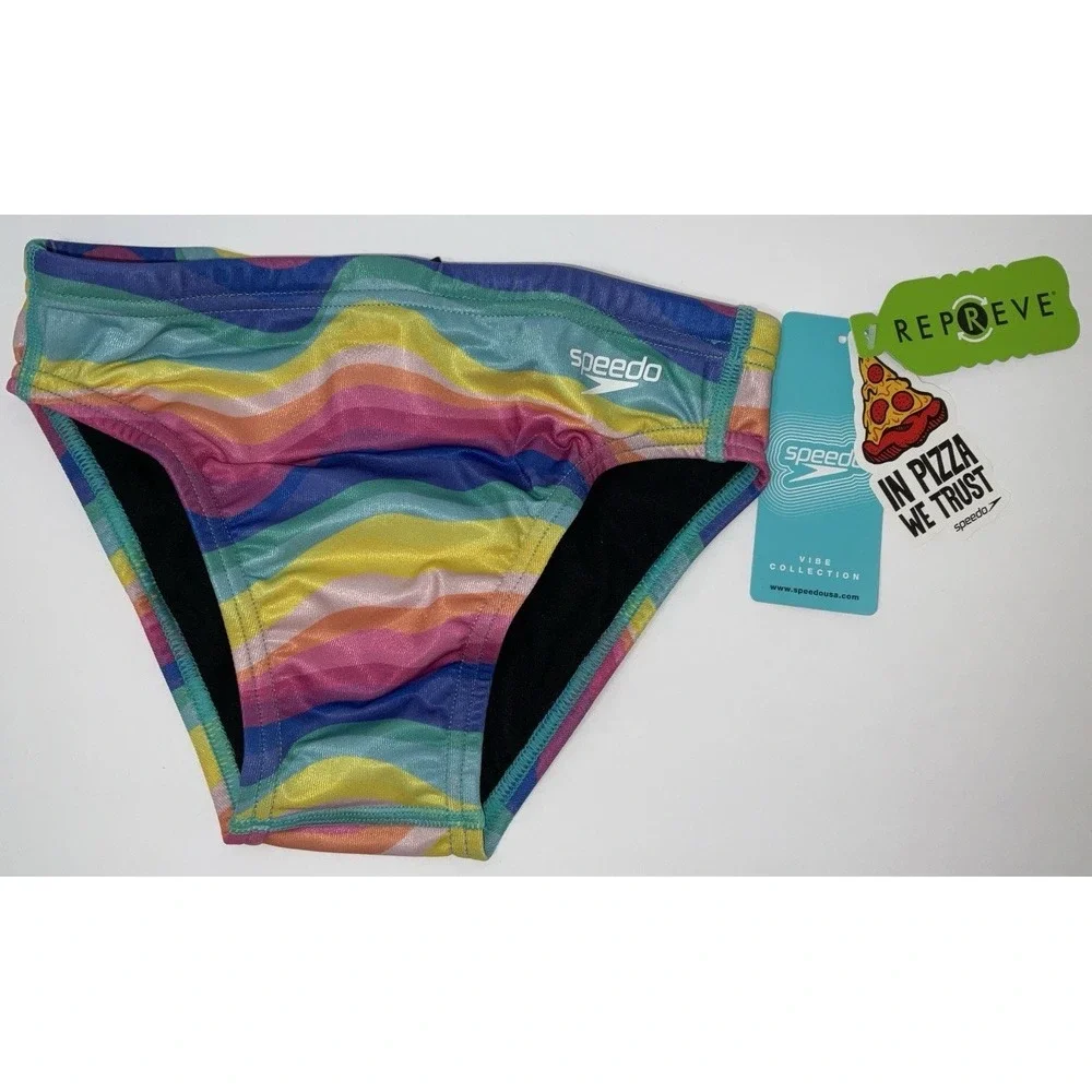 NWT Men's Speedo Vibe Collection Eco Endurance Brief Swim Trunks Rainbow Wave 26